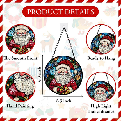 Santa Claus Stained Glass Window Hanging, Santa Stained Glass Window Hanging, Glass Ornament for Party Décor, Christmas Glass Decoration for Home, Merry Christmas Ornament Gifts for Family Friends