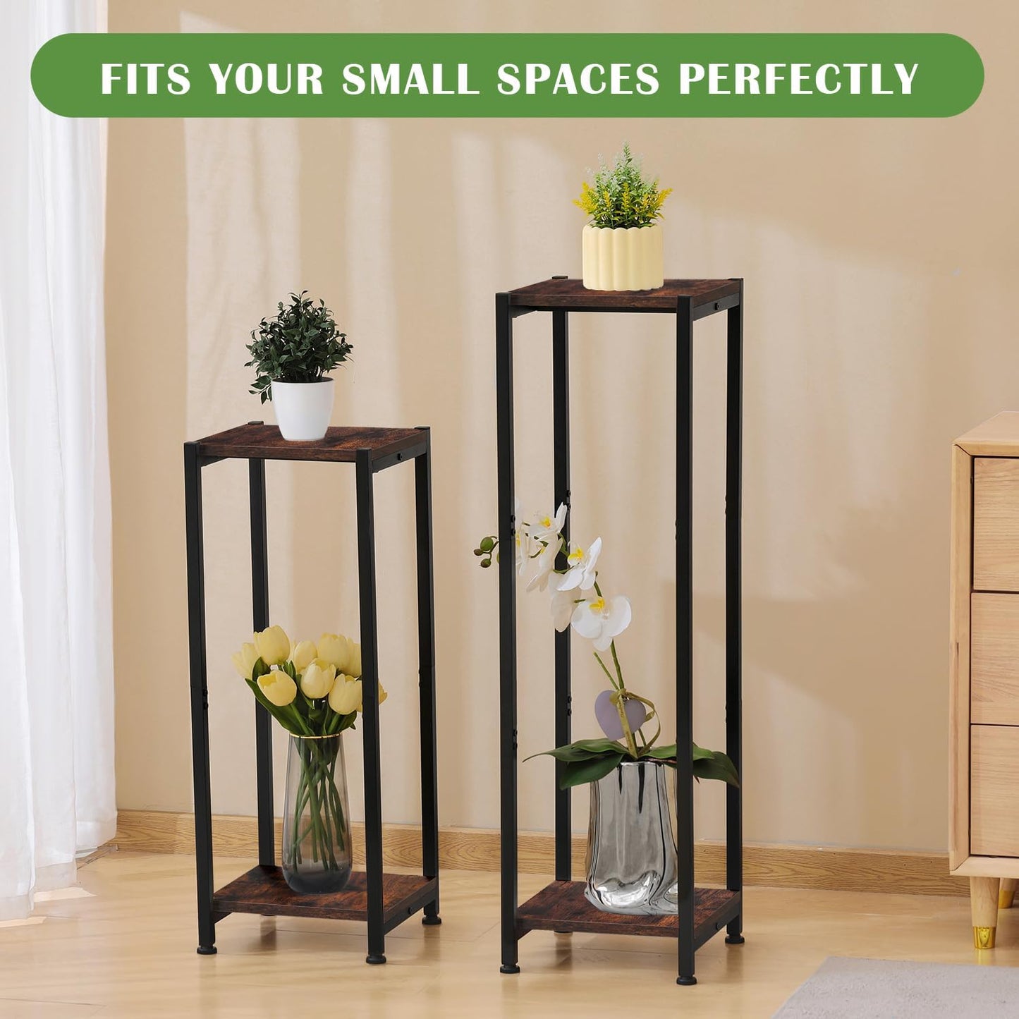 Tall Plant Stand Indoor,31 Inch Plant Stands,2 Tier Metal Plant Stand with Heavy Duty Wood,Rustic Brown and Black