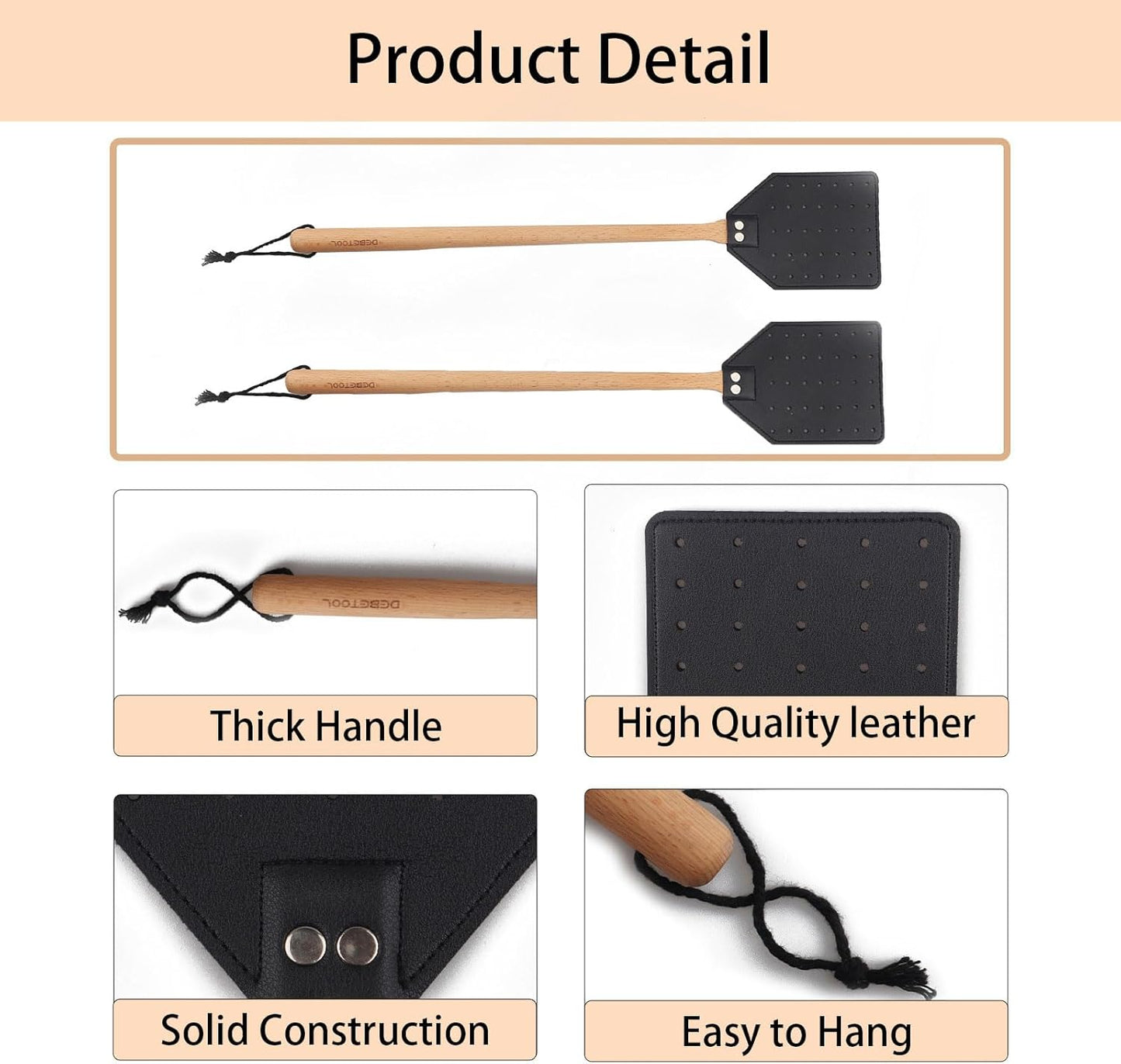 Indoor Leather Fly Swatter - 2 Pack Long Handle Heavy Duty Fly Swatter with Hanging Rope, Wood Fly Swatter Manual for Kitchen/Home Indoor and Outdoor Flies