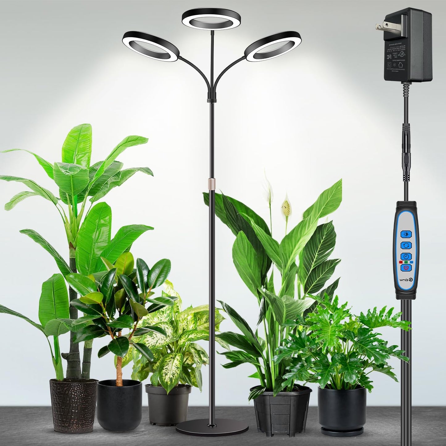 Garpsen Halo Floor Grow Light, Three-Head Full Spectrum LED Plant Light with Base, 5 Dimmable Levels & Timer 6/12/16H, 3 Color Modes Grow Lamp with 252 LEDs, 67''Height Adjustable for Large Plants