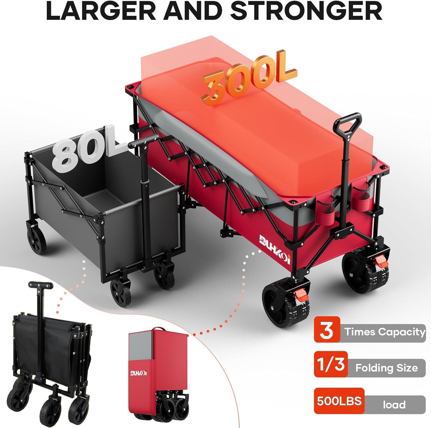 49" L Collapsible Foldable Extended Wagon with 500lbs Weight Capacity,300L Heavy Duty Beach Cart,Large Utility Wagon with Cup Holders,Cart for Sports,Outdoors,Grocery,Shopping (Rosepink)