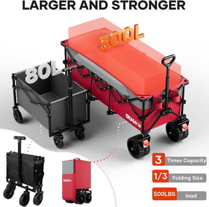 49" L Collapsible Foldable Extended Wagon with 500lbs Weight Capacity,300L Heavy Duty Beach Cart,Large Utility Wagon with Cup Holders,Cart for Sports,Outdoors,Grocery,Shopping (Rosepink)