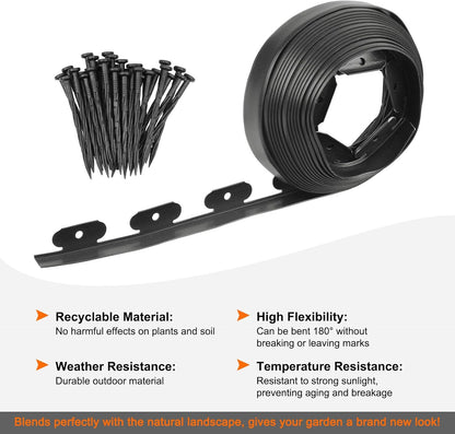 Garden Edging - 30 Feet Plastic Landscaping Edging Border with 27 Pack Spikes Apply to Flower Beds/Grass Lawn/Yard (1.57Inches Tall, Black)
