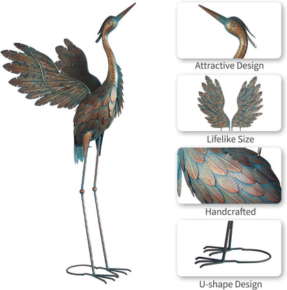 Metal Heron Yard Art, Standing Garden Sculptures & Statues for Outdoor Decor, 38-42 Inch Set of 2, Copper