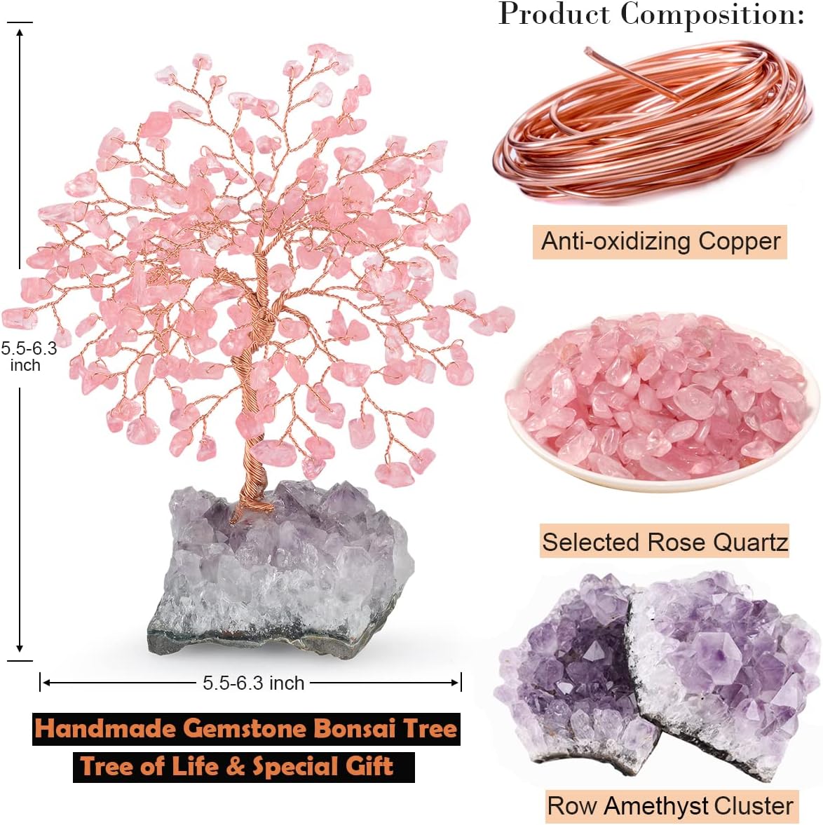 Natural Rose Quartz Crystal Tree with Amethyst Geode Base,Positive Energy Chakra Tree Healing Crystals Feng Shui Bonsai Home Decor 5.5"-6.3"