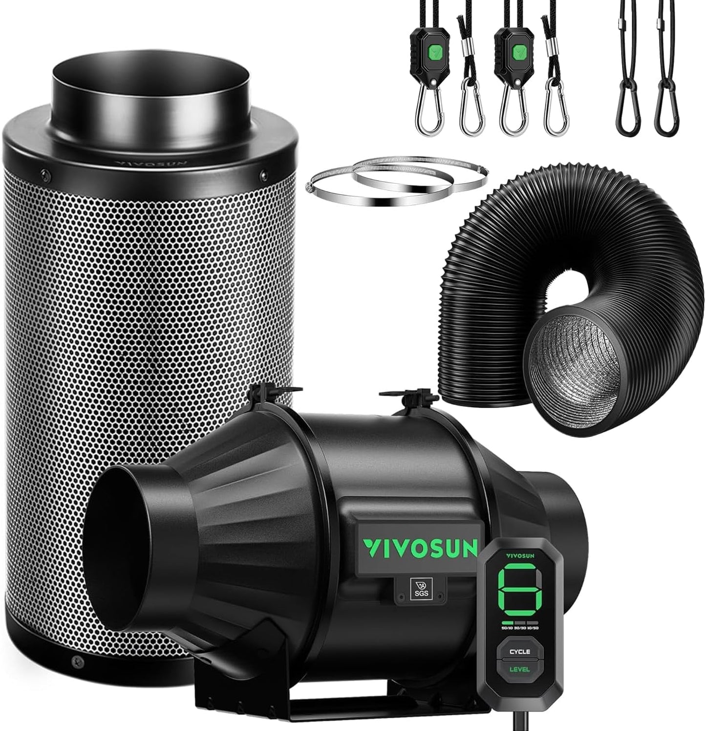 VIVOSUN Smart Air Filtration T4 Kit 4", AeroZesh T4 Inline Duct Fan with E12 Speed Controller, Carbon Filter & 8' Ducting, Cooling & Ventilation System for Grow Tents, Indoor Gardening, Hydroponics