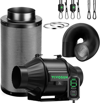 VIVOSUN Smart Air Filtration T4 Kit 4", AeroZesh T4 Inline Duct Fan with E12 Speed Controller, Carbon Filter & 8' Ducting, Cooling & Ventilation System for Grow Tents, Indoor Gardening, Hydroponics