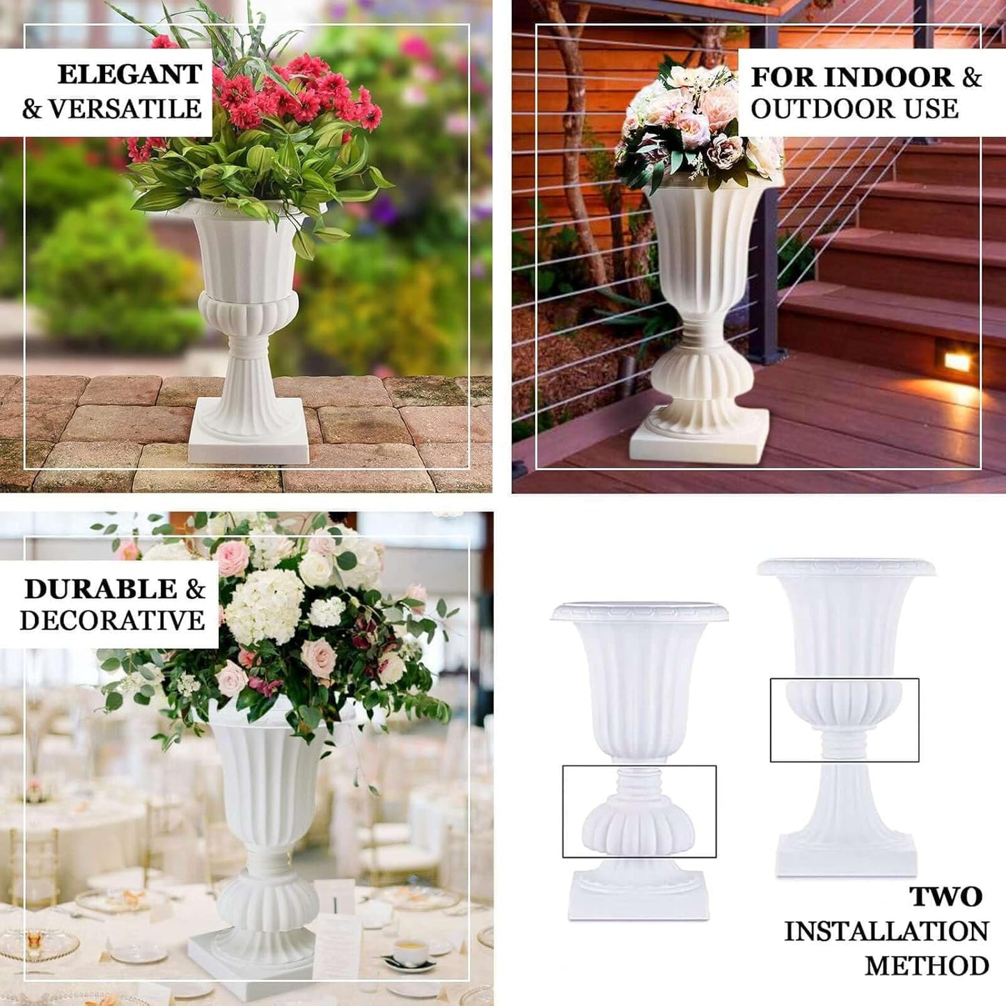 Efavormart 2 Pack - 20" PVC Urn Planter, Floral Pedestal Flower Pot White Plant Stand for Wedding, Party, Event, Home, Stage, Garden, Balcony Decoration