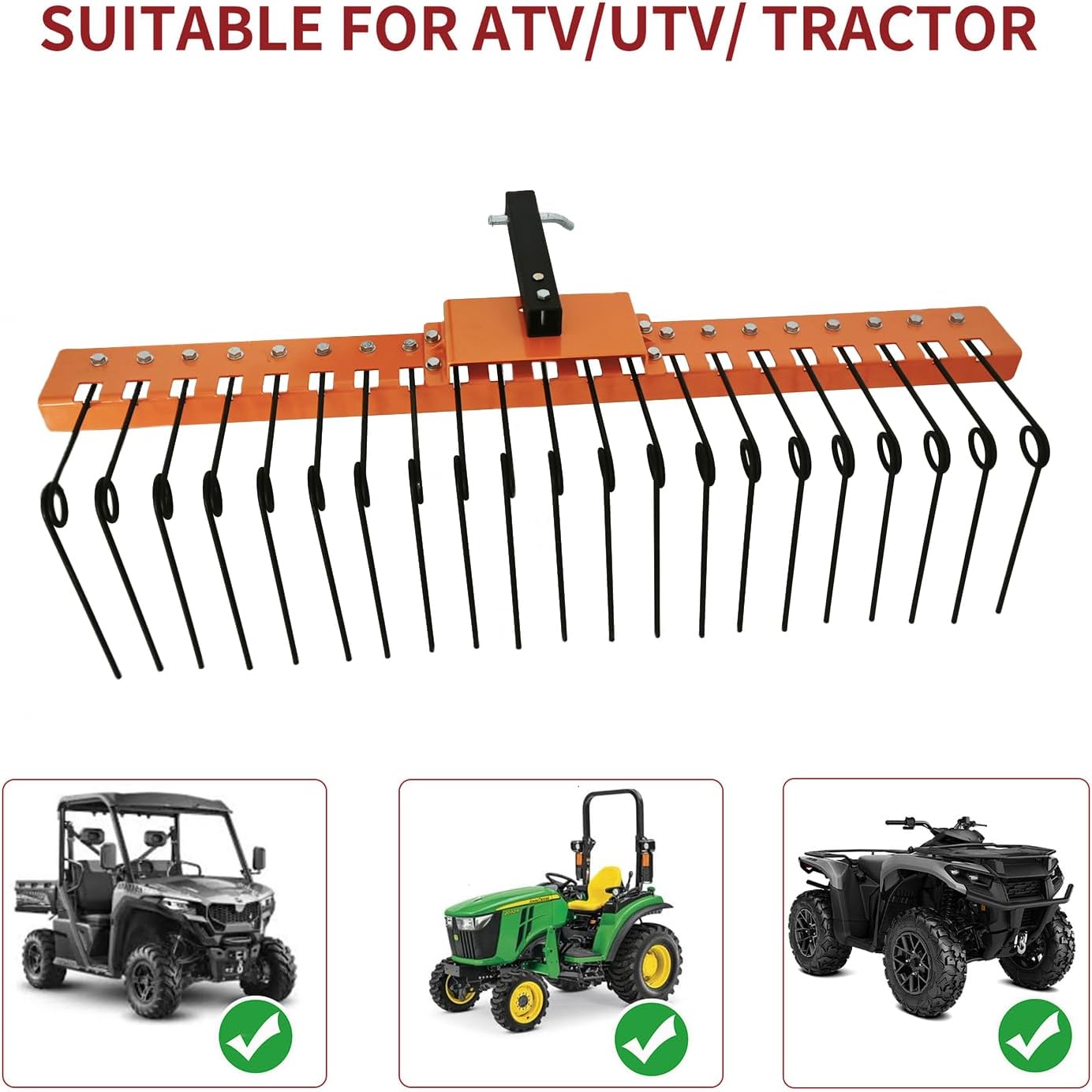 5FT Durable Pine Straw Rake Steel Spring Landscape Rake Fits 2" Receiver for Lawn Tractors or ATV/UTV Orange