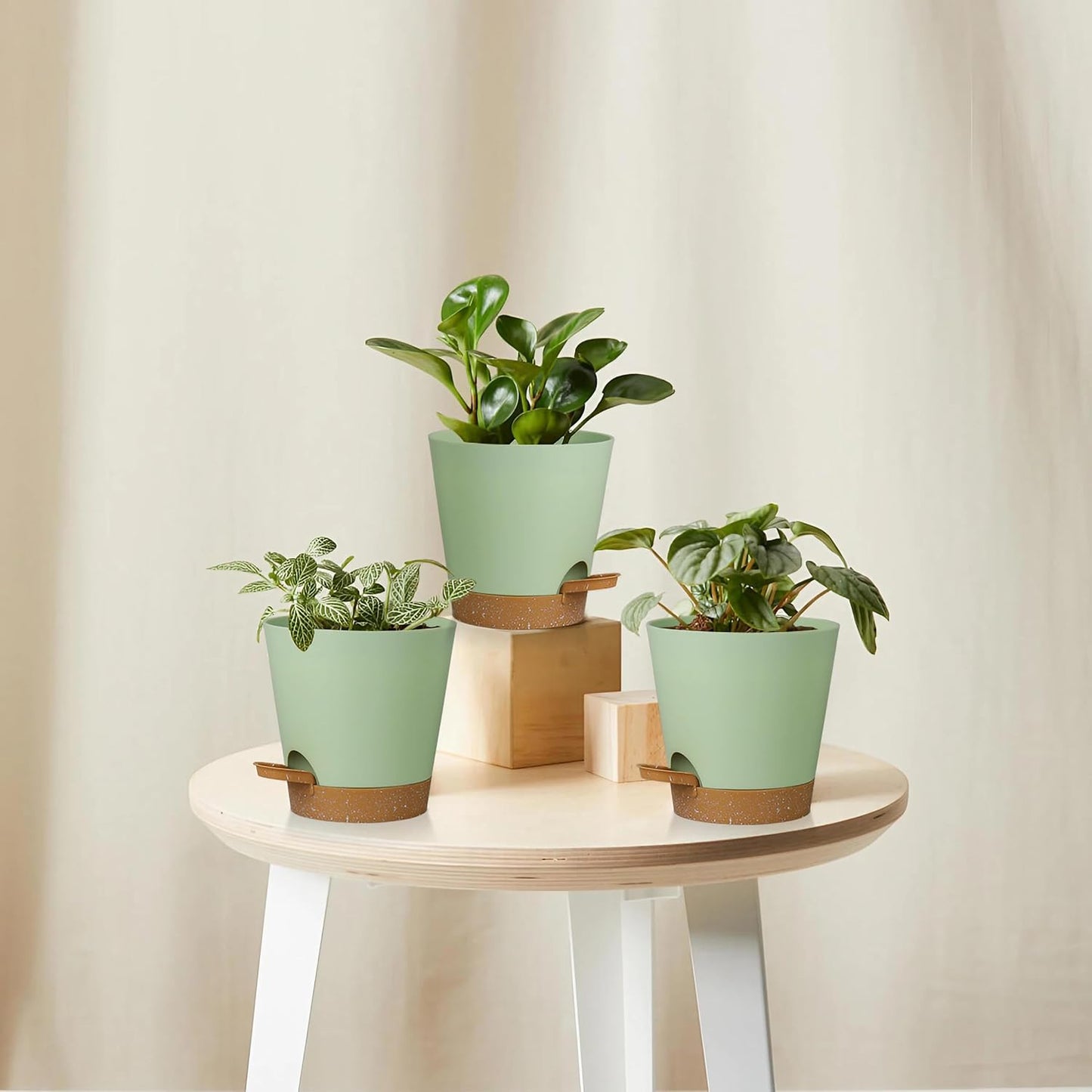5 Pack 5 inch Self-Watering Pots, African Violets Planter with Drainage Holes and Reservoir, Green Brown Plastic Planter for Indoor Outdoor Plants Flowers and Houseplants Green Brown, 5 inch 5 pcs