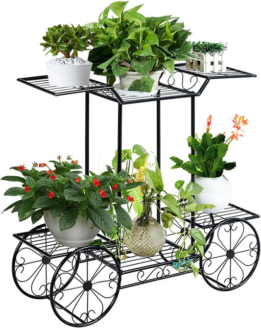 Giantex 6-Tier Plant Stand Flower Pot Holder Metal Flower Display Shelf with 4 Decorative Wheels Multilayer Parisian Style Plant Pot Holder Rack for Indoor, Garden, Patio, 32"L x 10"Wx 30"H, Black
