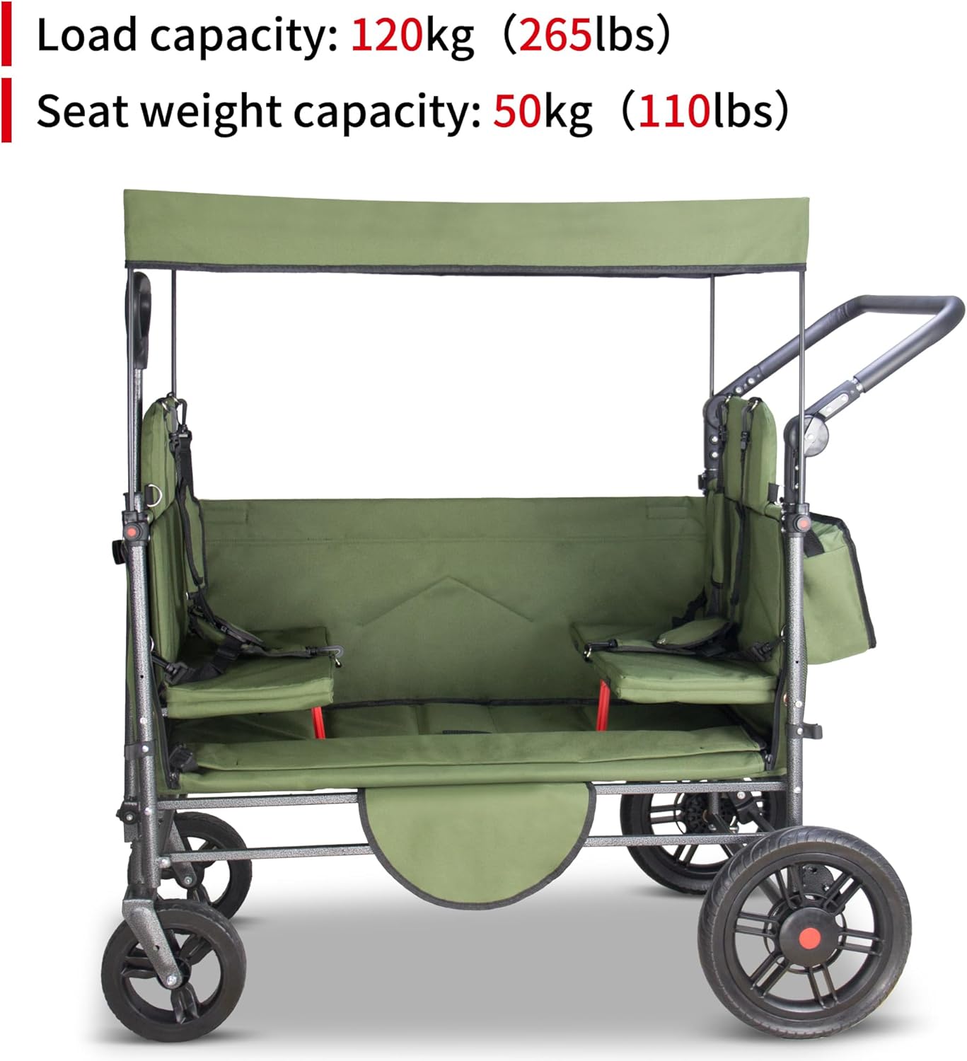TMZ Collapsible Wagon Cart with Side-Opening Seat Conversion Design, Foldable Utility Wagon with 2 Seats, Heavy Duty Wagon 265 lbs Load Capacity (Green)