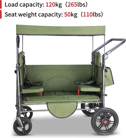 TMZ Collapsible Wagon Cart with Side-Opening Seat Conversion Design, Foldable Utility Wagon with 2 Seats, Heavy Duty Wagon 265 lbs Load Capacity (Green)