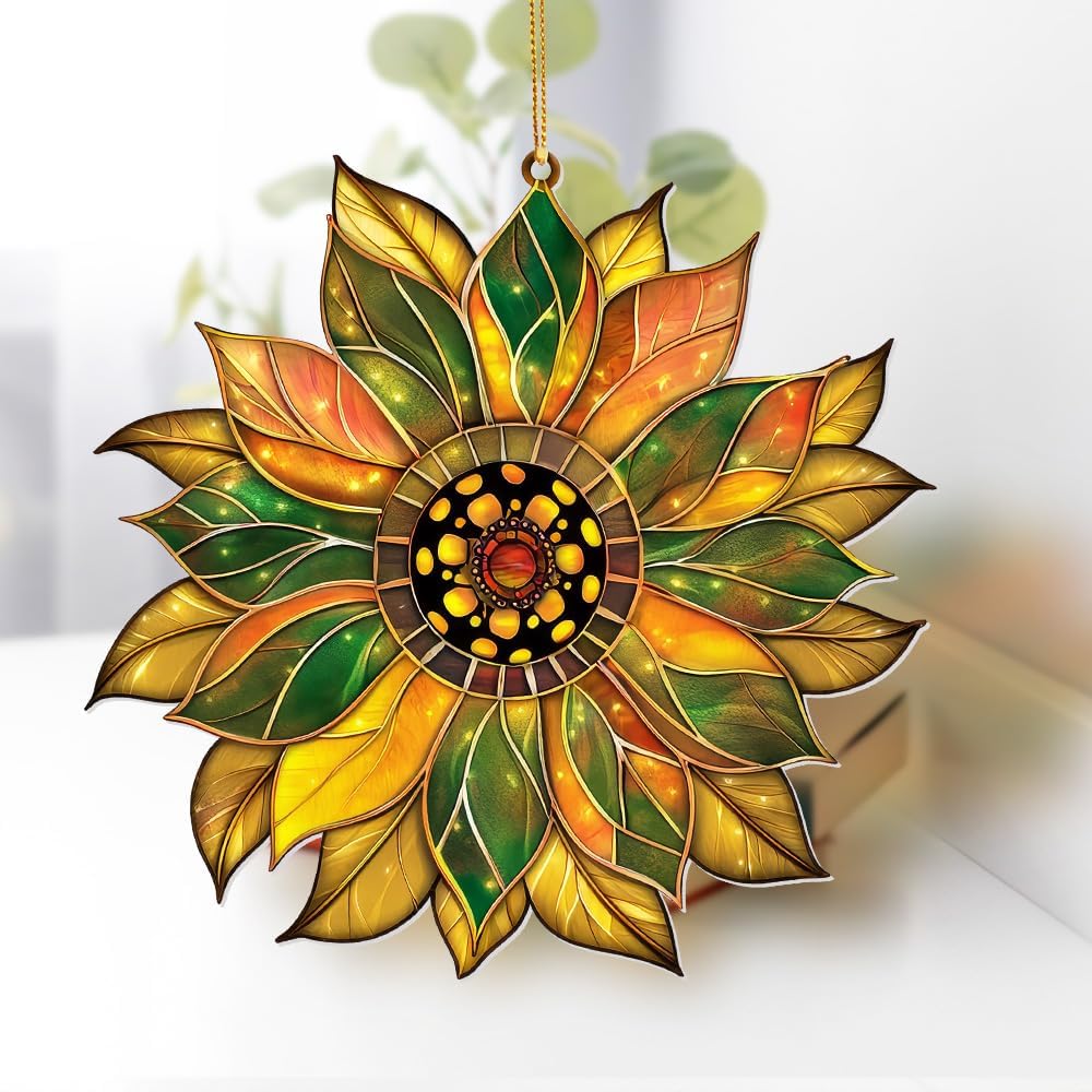Stained Glass Acrylic Sunflower Ornament – Colorful Glass Sun Catcher for Windows, Christmas Tree Decoration 2025, Hanging Holiday & Everyday Décor Gift(Sun-22)