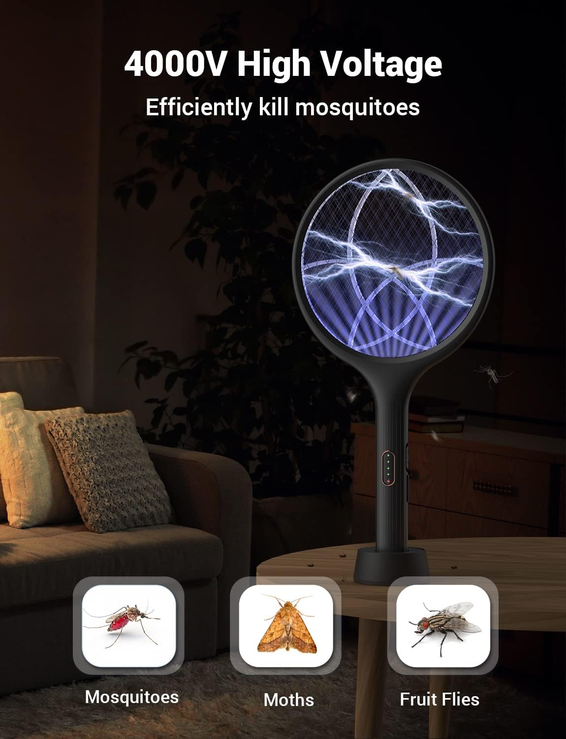 YISSVIC Electric Fly Swatter 4000V Bug Zapper Racket Dual Modes Mosquito Killer with Purple Mosquito Light Rechargeable for Indoor Home Office Backyard Patio Camping (Black-2 Pack)