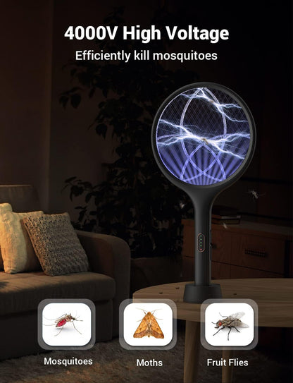 YISSVIC Electric Fly Swatter 4000V Bug Zapper Racket Dual Modes Mosquito Killer with Purple Mosquito Light Rechargeable for Indoor Home Office Backyard Patio Camping (Black-2 Pack)
