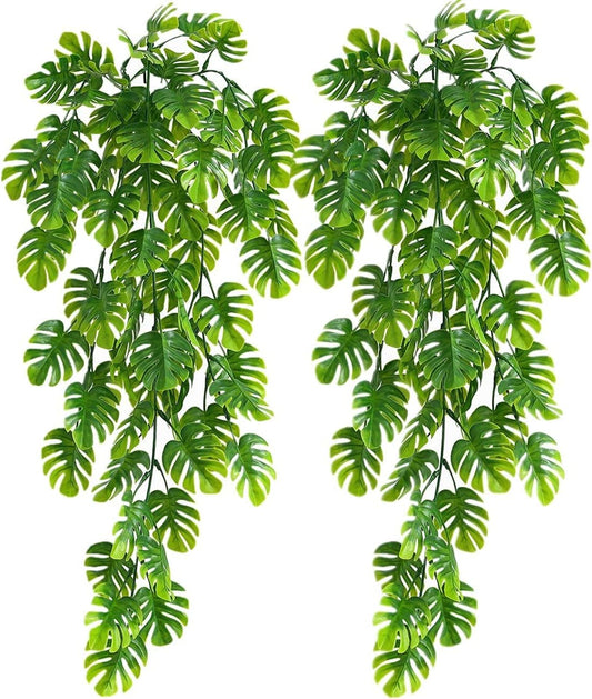 RECUTMS Artificial Hanging Plants 2 Pack, Fake Monstera Leaves Ivy Vine Faux Greenery UV Resistant Outdoor Tropical Palm Leaf Plant for Garden Home Jungle Hawaiian Luau Party Spring Summer Décor