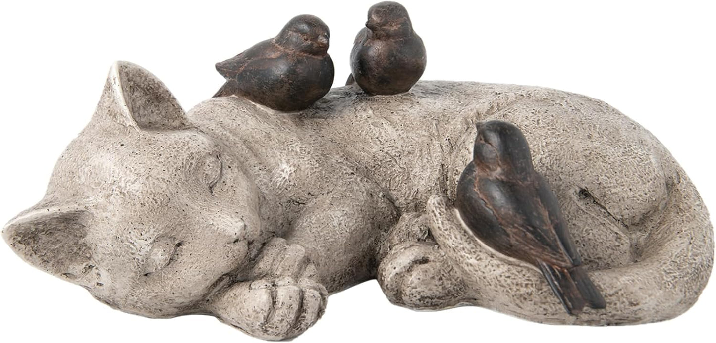 Sleeping Cat Garden Statues Outdoor - 12" Sparrows On Cat Figurine Memorial Statue Grave Markers Garden Resin Statues for Outdoor Decor Outdoor Statue Resin 12" x 8" x 4.5"