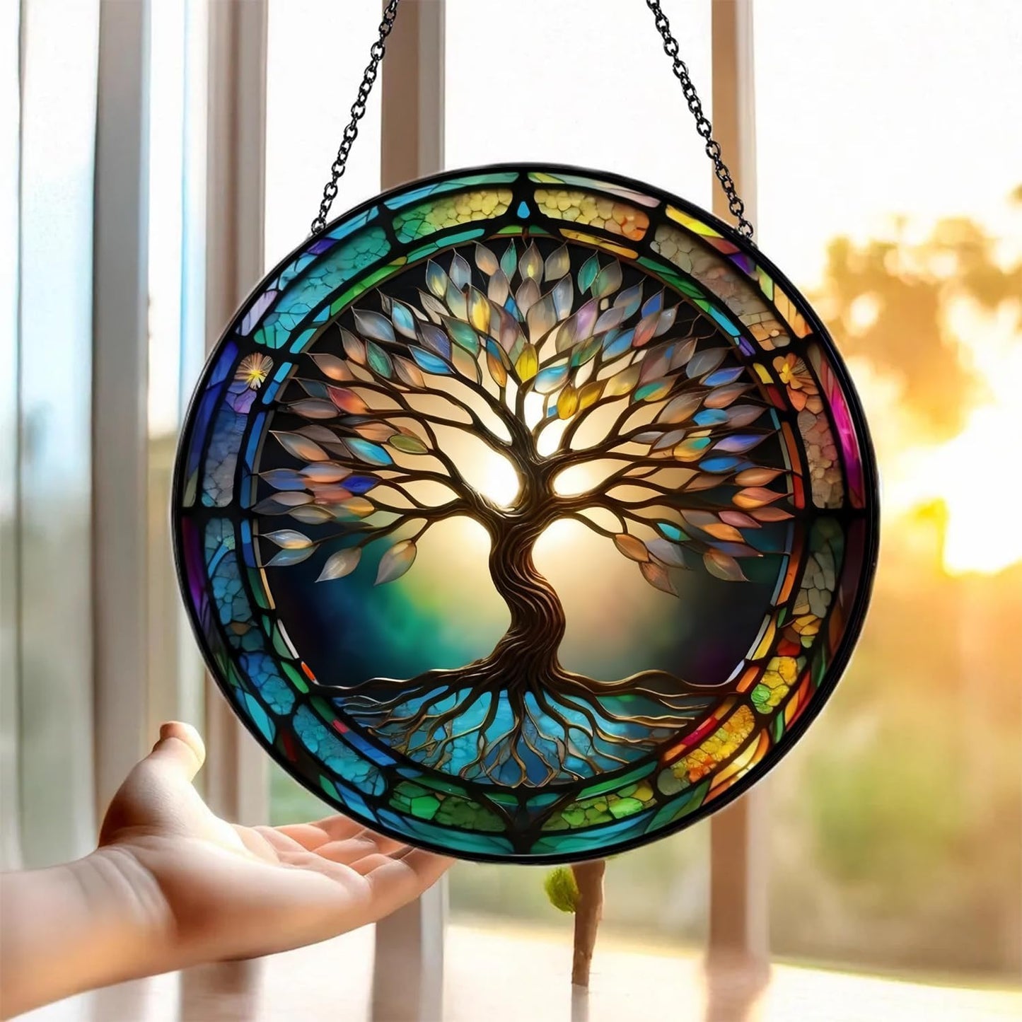 Colorful Tree of Life Suncatcher -7.9 in Stained Glass Window Hanging Catcher Garden Decor