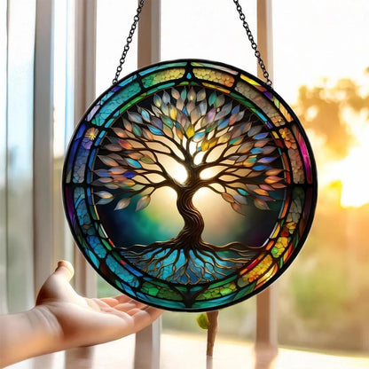 Colorful Tree of Life Suncatcher -7.9 in Stained Glass Window Hanging Catcher Garden Decor