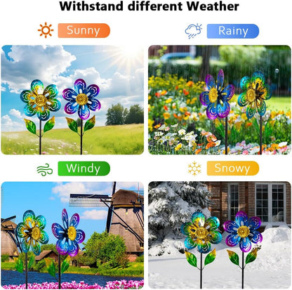 Viveta 2 Pack Wind Spinners,Flower Garden Sculpture, Metal Windmill, Green and Purple Pinwheels for Yard Lawn Patio Decor