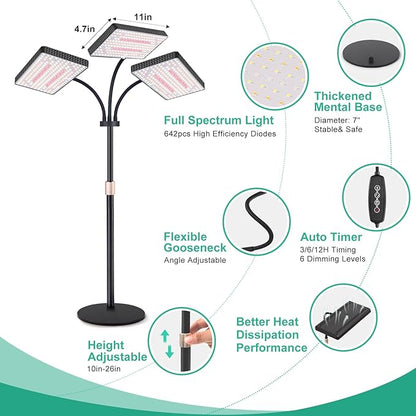 2024 Upgraded Desk Grow Lights for Indoor Plants, Tri-Head 642 LEDs Tabletop Full Spectrum Grow Light, with 3/6/12H Timer, 6 Brightness Levels, 3 Lighting Modes, Height Adjustable for 10-26 inches
