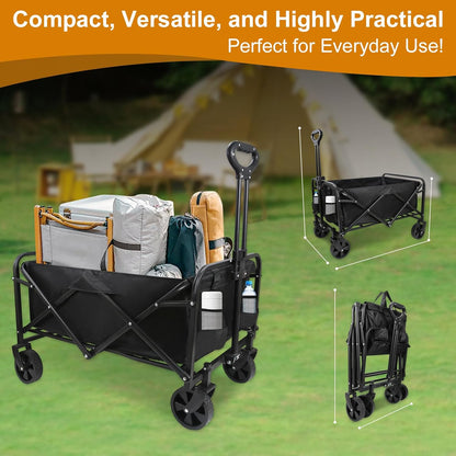 Heavy-Duty Collapsible Wagon Cart with Wheels, Lightweight Foldable Utility Cart with Adjustable Handle for Outdoor Use – Ideal for Grocery Shopping, Camping, Sports, Fishing, and More (Black)