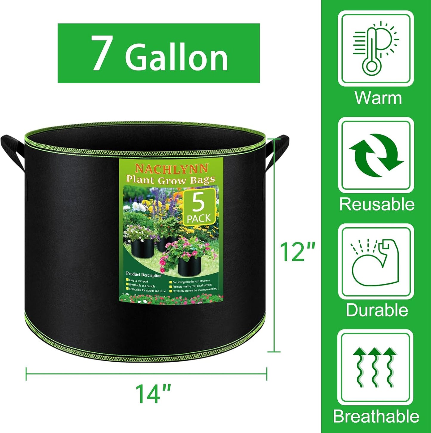 NACHLYNN 5-Pack 7 Gallon Grow Bags Thickened Nonwoven Fabric Pots with Handles Heavy Duty Aeration Fabric Pots Plant or Fruits Flowers Plant for Gardening
