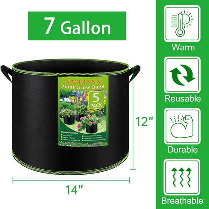 NACHLYNN 5-Pack 7 Gallon Grow Bags Thickened Nonwoven Fabric Pots with Handles Heavy Duty Aeration Fabric Pots Plant or Fruits Flowers Plant for Gardening