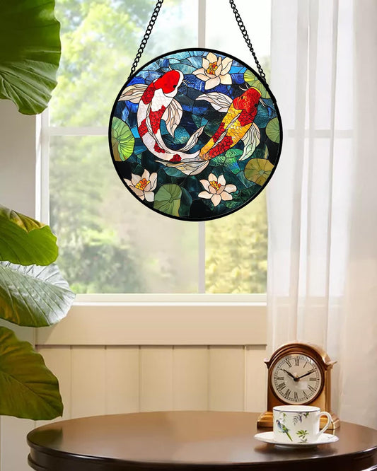 Stained Glass Window Hanging, Koi and Lotus Sun Catcher for Door Home Decor Fish Suncatcher