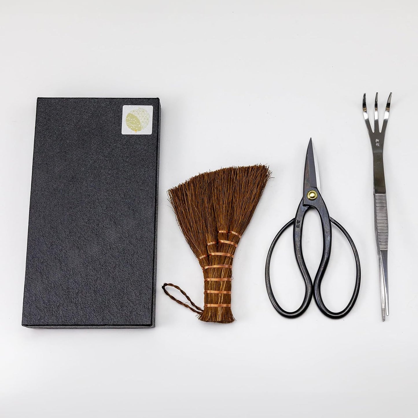 Wazakura Japanese Bonsai Garden 3PCS Tool Starter Kit, Made in Japan, Traditional Bonsai Scissors, Stainless Tweezers with Rake, Chinese Broom. Beginner Set wit Tweezers, Shears and Brush
