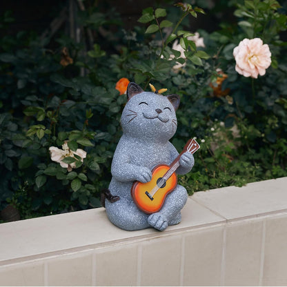 Cat Garden Statue Outdoor Decor, Cat Sculpture with Guitar and Butterfly for Yard Lawn Patio Balcony, Christmas Birthday Housewarming Gifts for Mom, Grandma, Women, 8.8 inch, Resin