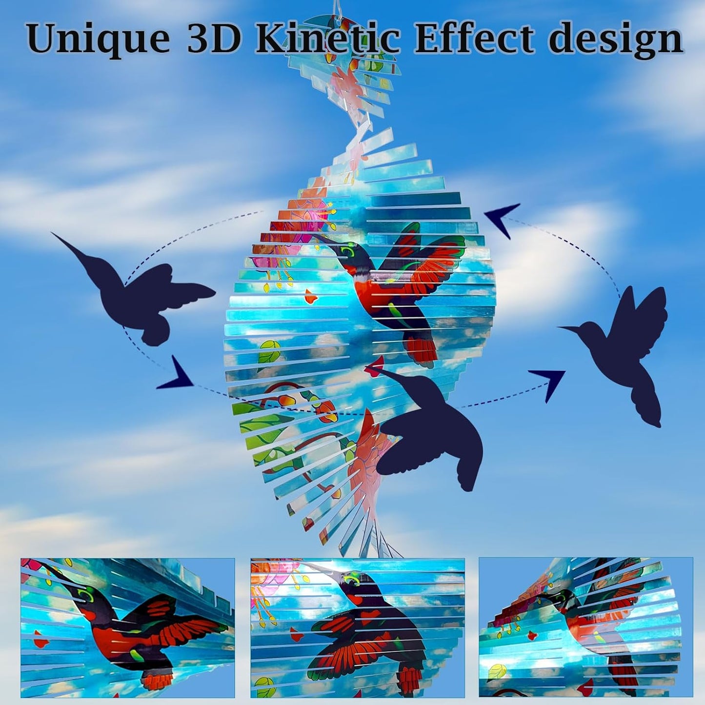 Hummingbird Wind Spinner Creates Flying Effect, 15In Outdoor & Indoor Hanging Garden Decor 3D Kinetic Yard Art Wind Sculpture, Gift for Women/Mother/Father/Men/Unisex