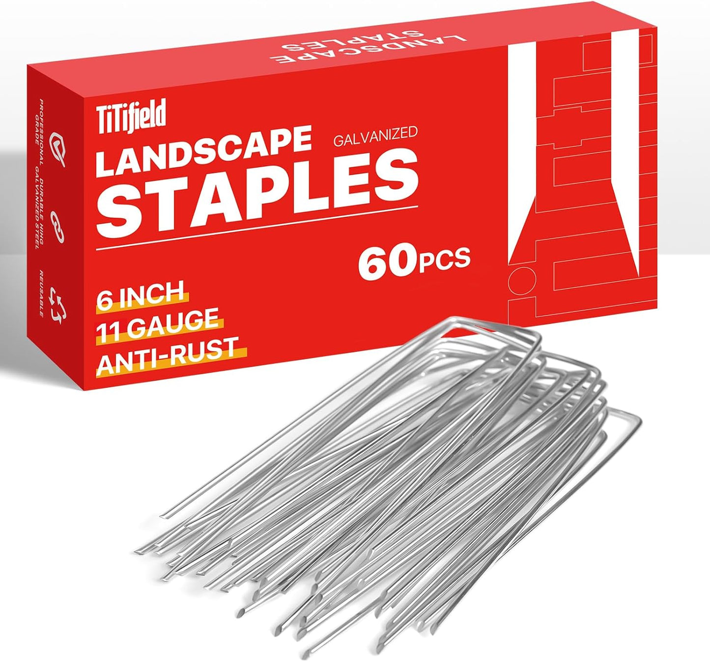 Landscape Staples 6 Inch 60 Pack 11 Gauge, Garden Staples Galvanized Landscape Pins Anti-Rust Landscape Fabric Stakes for Securing Irrigation Tubing, Fence, Weed Barrier, Ground Cover