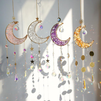 Moon Suncatcher Hanging Decor, Boho Chic Rose Quartz Crystal Sun Catcher, Spritual Sun Light Catcher for Windows, Crescent Moon Housewarming Gift (Rose Quartz)