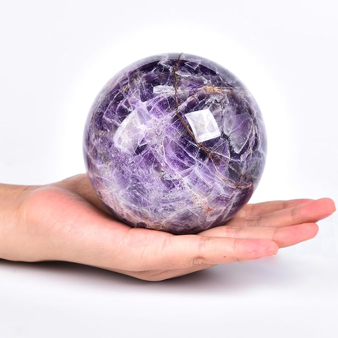JIC Gem Large Crystal Ball Chevron Amethyst Healing Crystals Sphere with Wooden Stand Meditation Home Decor 3.5-4 inch (90-100mm)