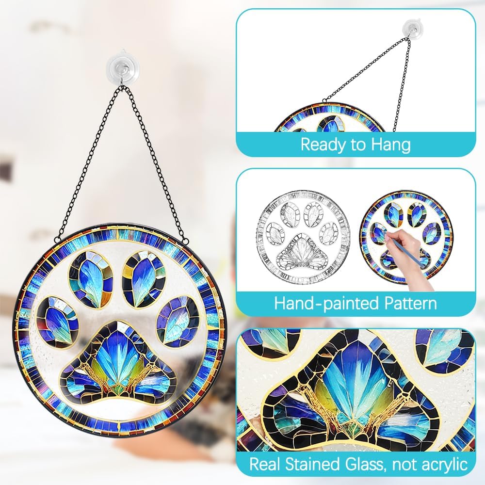 Dog Cat Paw Print Suncatcher Stained Glass Window Hanging - Handmade Stained Glass Panel Suncatchers for Windows Hanging - Sun Catchers Indoor Window Decor Memorial Catcher Remembrance Birthday Gift