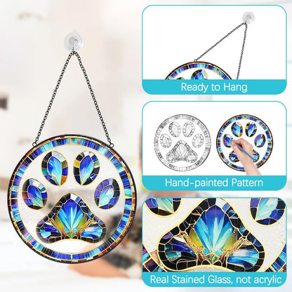 Dog Cat Paw Print Suncatcher Stained Glass Window Hanging - Handmade Stained Glass Panel Suncatchers for Windows Hanging - Sun Catchers Indoor Window Decor Memorial Catcher Remembrance Birthday Gift