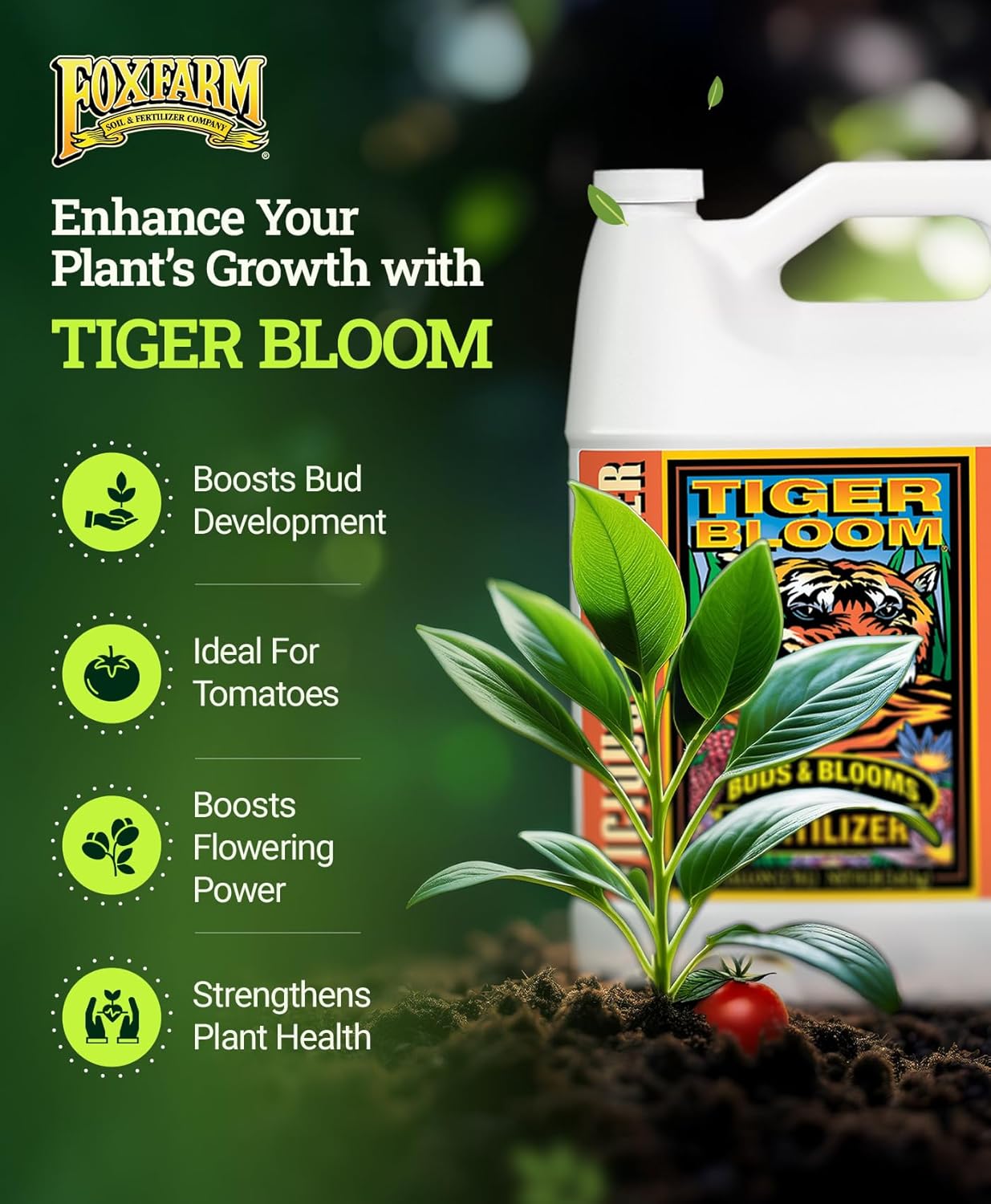 FoxFarm Tiger Bloom Liquid Fertilizer Concentrate - Fast Acting Formula for Vicious Growth with Phosphorus - Encourages Fruit, Flower & Bud Development, NPK 2-8-4 (Gallon)