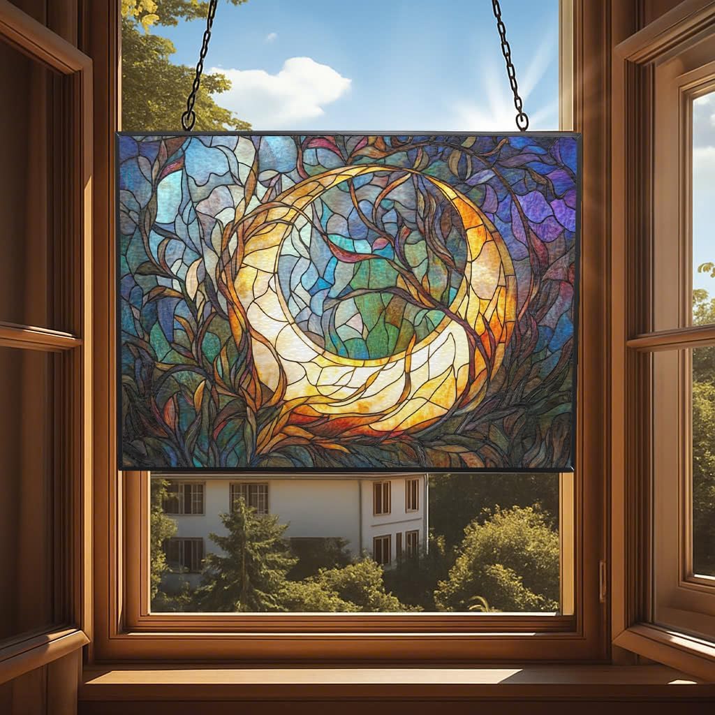 Personalized Rectangle Art Nouveau Vine Moon Suncatcher Stained Glass Stained Glass Window Hanging Home Decor Garden Halloween Christmas Wedding Housewarming Gifts