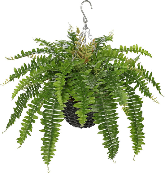 Hollyone 21" Artificial Boston Fern Hanging Basket 31 Leaves Fake Ferns in Rattan Pot Medium