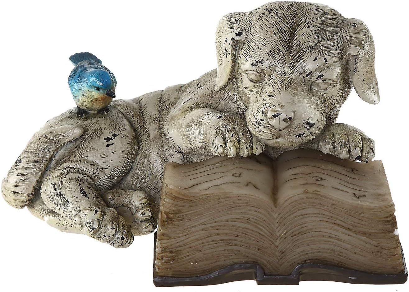 Topadorn Resin Dog Statue Solar Power Outdoor Statuary Cute Puppy for Garden Decoration, Dog Read a Book