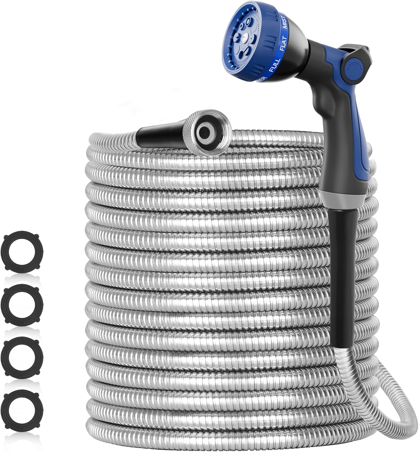 SPECILITE 100ft 304 Stainless Steel Garden Hose Metal, Heavy Duty Water Pipe with Nozzles for Yard, Outdoor - Flexible, Never Kink & Tangle, Puncture Resistant (Sliver)