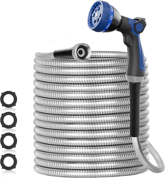 SPECILITE 100ft 304 Stainless Steel Garden Hose Metal, Heavy Duty Water Pipe with Nozzles for Yard, Outdoor - Flexible, Never Kink & Tangle, Puncture Resistant (Sliver)