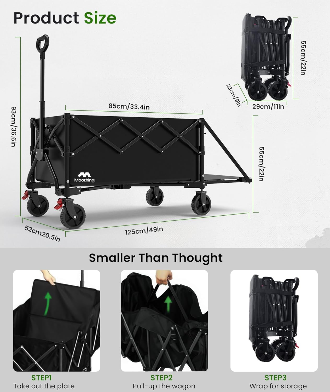 Extra Large Foldable Wagons Extended Clearance, 250L Collapsible Wagon with Tailgate, 49”L Folding Wagons with Brakes, Grocery Wagon, Utility Cart for Sports, Shopping, and Camping, Black