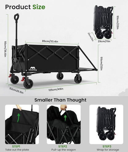Extra Large Foldable Wagons Extended Clearance, 250L Collapsible Wagon with Tailgate, 49”L Folding Wagons with Brakes, Grocery Wagon, Utility Cart for Sports, Shopping, and Camping, Black