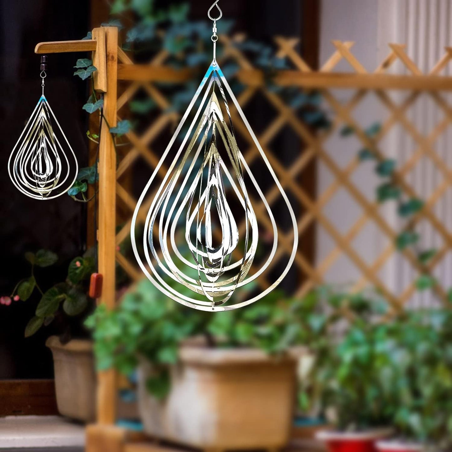 Wind Spinner Outdoor Metal Decorations, Silver Wind Spinners for Yard and Garden,3D Mirror Stainless Steel Hanging Wind Sculptur Chime Indoor Outdoor Garden Decoration Worth Gift (Drop)