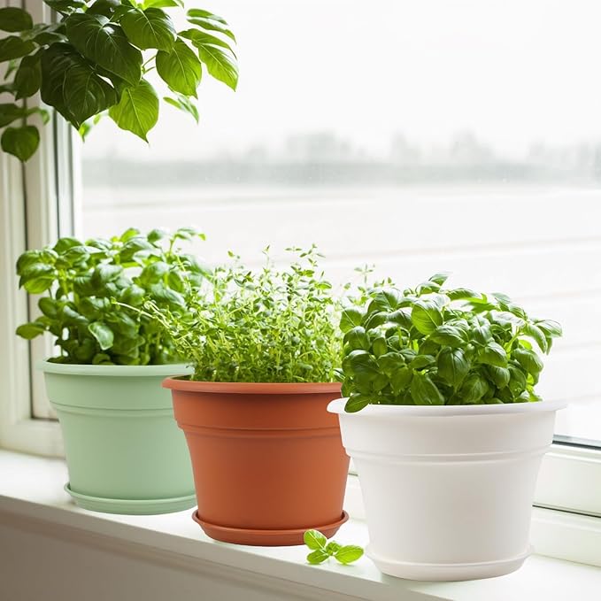 9 Inch Plastic-Flower Pot-for-Indoor Plants, 4 Pack Large Outdoor Planter Pot with Drainage Holes & Saucers, Resin Decorative Garden Pots Planters
