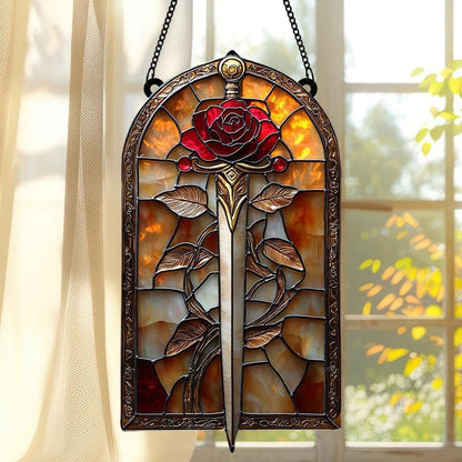 Rose Sword Acrylic Suncatcher Stained Glass Effect Window Car Hanging Christmas Ornament Indoor Outdoor Decor Garden Sun Catcher Panel Gifts for Fantasy Lover for Women Mom Grandma