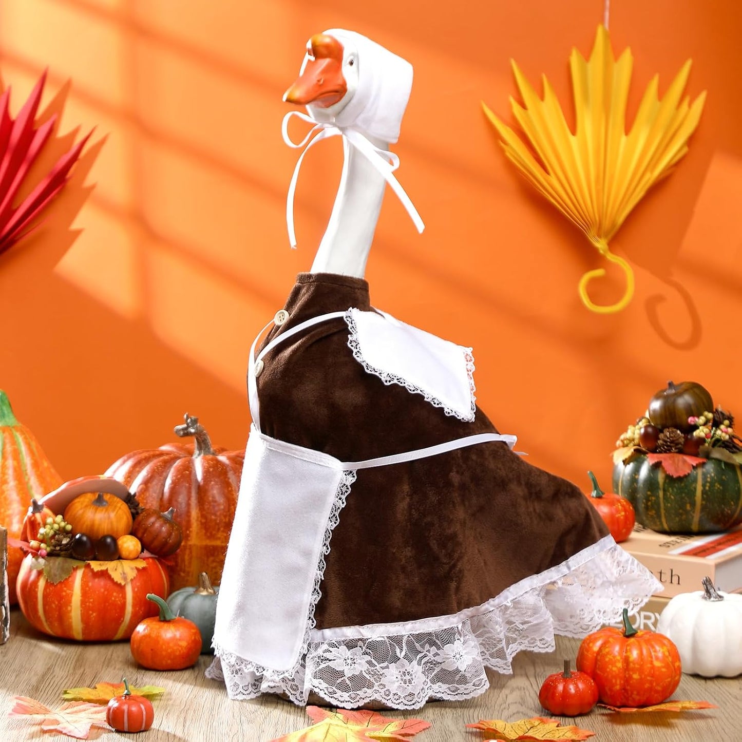 Fall Pilgrim Goose Outfit Autumn Dresses Clothes for 23" High Cement or Plastic Porch Goose Costume for Yard Lawn Outdoor Garden Patio Statue Thanksgiving Day Xmas Holiday Decor